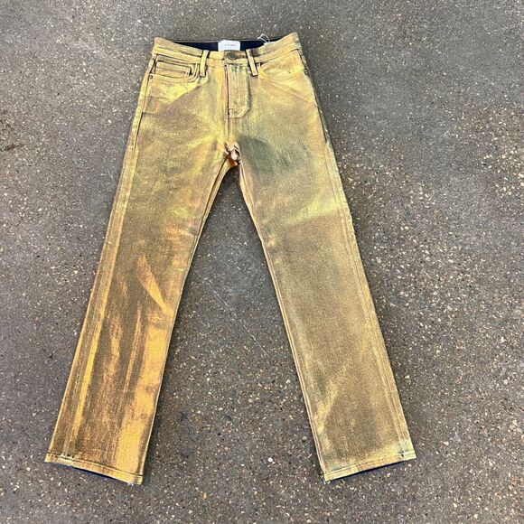 Free People Frame Le High Straight Gold Chrome Metallic Jeans Size 26